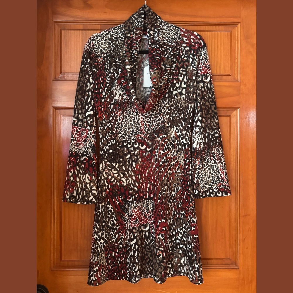 Harper's BAZAAR Vintage Animal Print Cowl Neck Flared Sleeve Dress